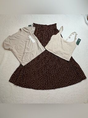 Capsule outfit— Neutrals,Polka Dot Midi Skirt with Ivory Knit Tank & Beige Tee